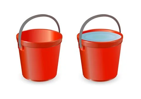 Buckets set. Flat vector illustration. Bucket empty and with water. Stock Illustration