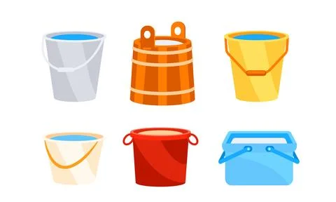 Buckets with water set. Trash bin container on white background Illustrazione stock