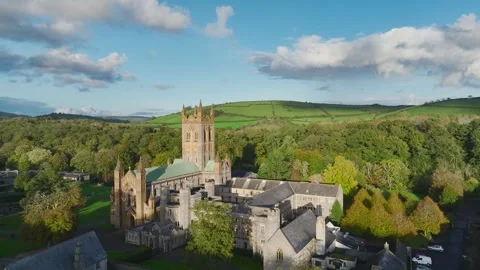 Buckfast Abbey from  a drone at evening sun, Totnes, Devon, England, Europe Stock-Footage 253758330