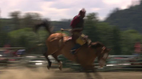 Bucking bronco throwing rider over rodeo arena fence Stock Footage