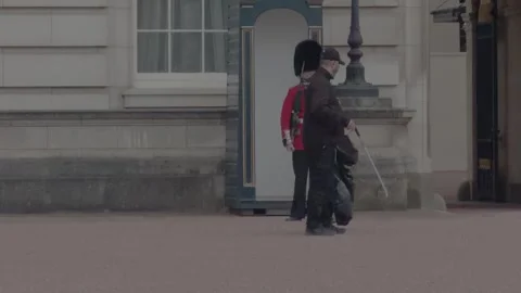 Buckingham Palace Worker Clears Litter at King’s Guard Sentry Duty Stock Footage 341096309