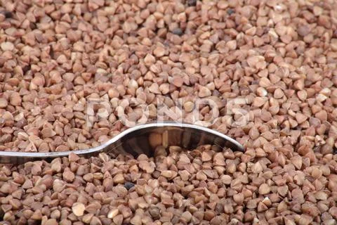 Buckwheat background and one teaspoon Stock Photos