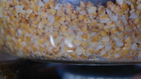 Buckwheat is cooked in a transparent pan. Buckwheat is cooked close-up. Cooking Stock Footage 284941196