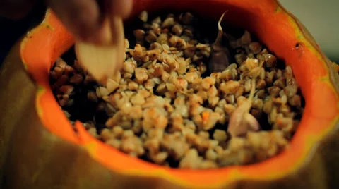 The buckwheat inside of the pumpkin Stock Footage 35162867