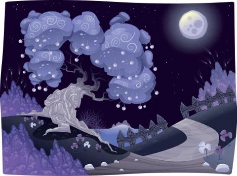 Bucolic nightly landscape on the sea. Illustrazione stock