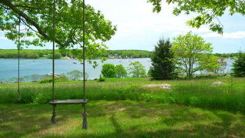 Bucolic scene of tree swing overlooking stunning harbor in Maine in summer Stock Footage 144416428