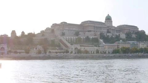 Buda Castle and Danube River. Budapest in Hungary. touristic boat. Stock Footage