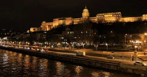 Buda castle with traffic at night Stock Footage 102254513