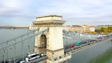 Budapest - 4K Drone Flying around The Beautiful Szechenyi Chain Bridge part 1 Stockbeeldmateriaal 143565579