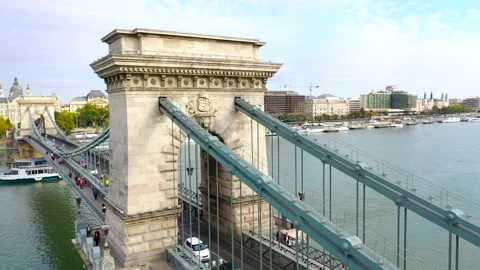 Budapest - 4K Drone Flying around The Beautiful Szechenyi Chain Bridge part 3 스톡 동영상 143565817
