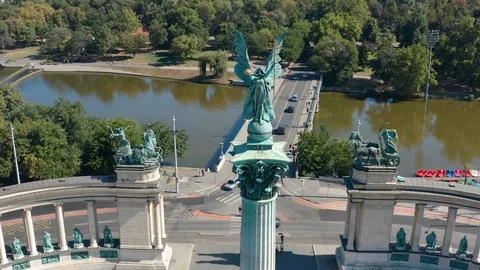 Budapest - 4K drone flying away from Heroes' Square on a bright summer day Stock Footage 115339876