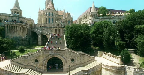 Budapest bird eye view. Flying up over Fisherman’s Bastion Buda aerial view. Stock Footage 62223496