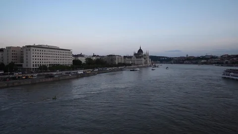 Budapest from the bridge at dusk Stock Footage 130112892