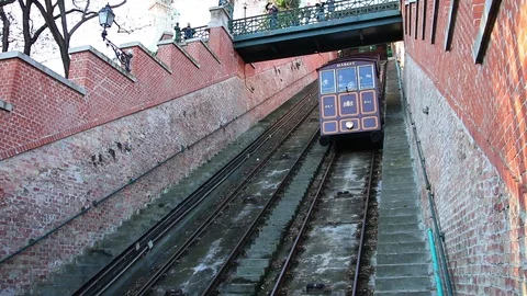 Budapest Castle Hill Funicular moving up. Old cable car in Buda Stock Footage 100755843