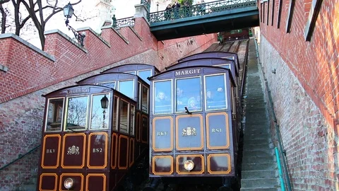 Budapest Castle Hill Funicular moving up and down. Old cable car in Buda Stock Footage 100756217