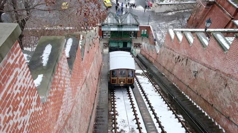 The Budapest Castle Hill Funicular in winter in Budapest, Hungary Stock Footage 101383118