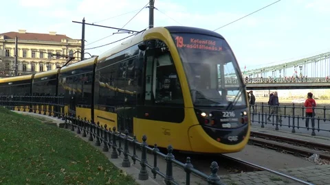 Budapest Chain Bridge And Passing Tram Stock Footage 99101536