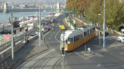 Budapest Chain Bridge And Passing Tram Video stock 99364975