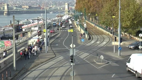 Budapest Chain Bridge And Passing Traffic Reversed Footage Stock Footage 99863623