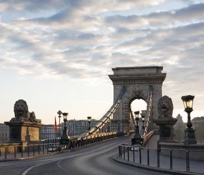 The budapest chain bridge at dawn. Stock Photos
