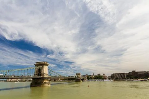 Budapest Chain Bridge with dramatic sky and copyspace Stock Photos
