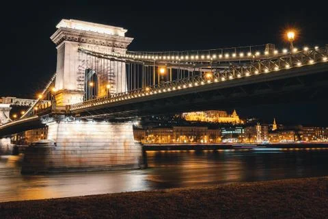 Budapest Chain Bridge in the Night Stock Photos