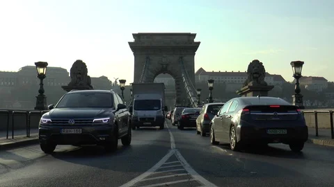 Budapest Chain Bridge Rush Hour Traffic Stock Footage 99248464