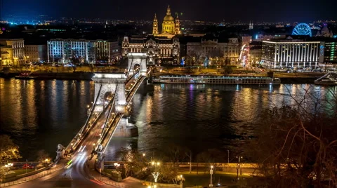 Budapest.  Chain Bridge with St. Stephen's Basilica in the background. Stock Footage 61288167