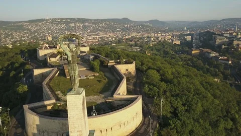 Budapest Citadell and Liberty statue on Gellert Hill  Hungary  camera flying Stock Footage 103312417