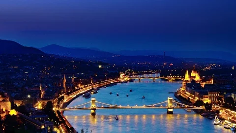 Budapest city skyline time lapse from sunset to night pan Stock Footage 88899396