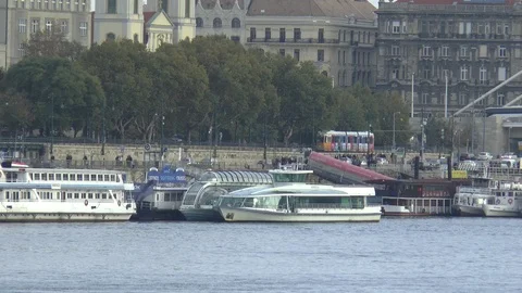 Budapest Danube And Passing Trams Stock Footage 99091415