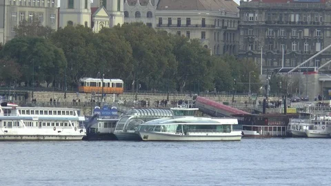 Budapest Danube And Passing Trams Stock Footage 99094624