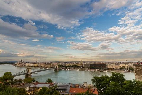 Budapest Danube evening view  with cloud, wide angle. Stock Photos