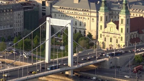 Budapest Danube river and  Traffic on Elisabeth bridge Stock Footage 78579258