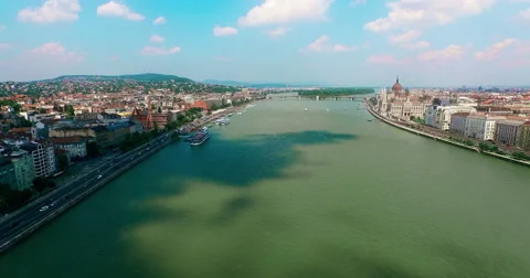 Budapest. Danube river. Buda and Pest aerial view moving forward camera. Stock Footage 62221121