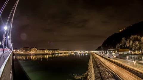 Budapest Danube river night time lapse fish eye HD Stock Footage 35104402
