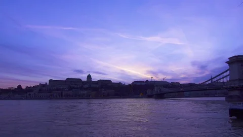 Budapest Danubes sunset with Royal Castle and Chain Bridge Stock Footage 79720209