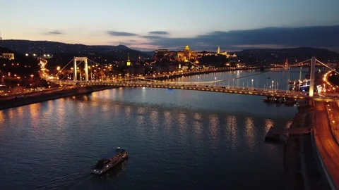 Budapest- Elizabeth Bridge Flyover &amp; Buda Castle Stock Footage 233485986