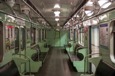 Budapest empty subway, inside of an old retro metro Stock Photos