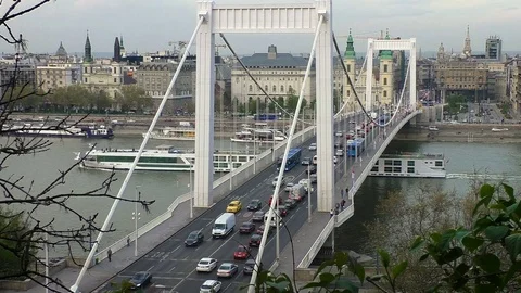 Budapest in the evening - Spring - View of the bridge - Traffic Stock Footage 75999587