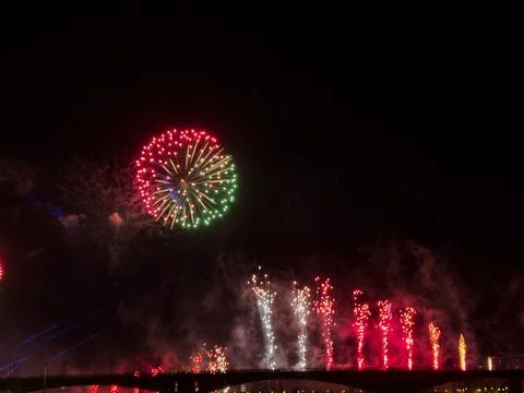 Budapest fireworks display lighting up night sky over bridge Stock Photos
