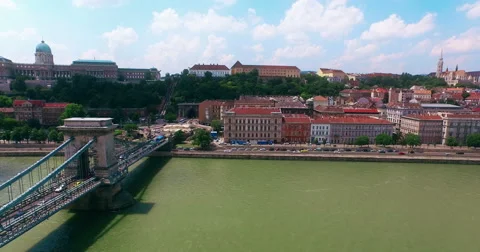 Budapest. Flying over Chain Bridge. Buda Castle aerial view moving left camera. Stock Footage 62221438