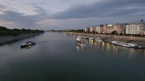 Budapest, Hungary - 26 August 2026: Evening Danube Riverfront With Passing Boats Stock Footage 343972476