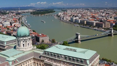Budapest, Hungary - 4K drone flying back at Szechenyi Chain Bridge at summer Stock Footage 113888381