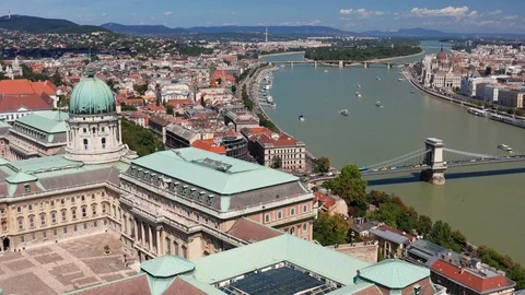 Budapest, Hungary - 4K drone flying back at Szechenyi Chain Bridge at summer Stock Footage 113888804