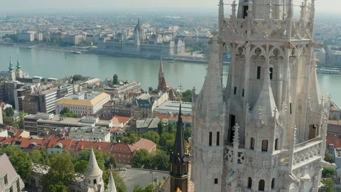 Budapest, Hungary - 4K drone flying sideways of the tower of Matthias Church Stock Footage 115104292