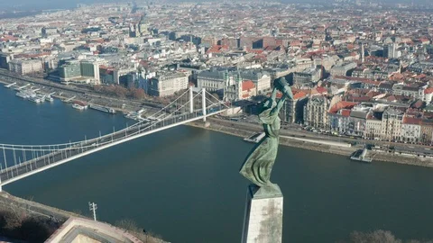 Budapest, Hungary - 4K drone flying by the Statue of Liberty on a sunny day Stock Footage 122813519