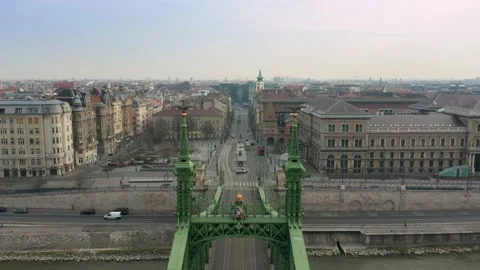 Budapest, Hungary - 4K drone flying above Liberty Bridge towards Fovam square Stock Footage 132385662