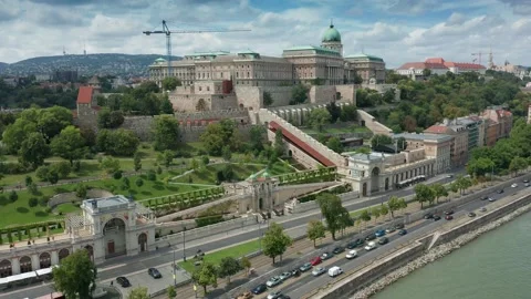 Budapest, Hungary - 4K drone flying above River Danube next to Buda Castle Stock Footage 140168776