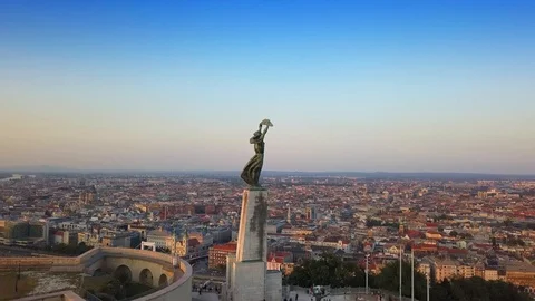 Budapest, Hungary - 4K flying over Statue of Liberty at sunset Stock Footage 94234767